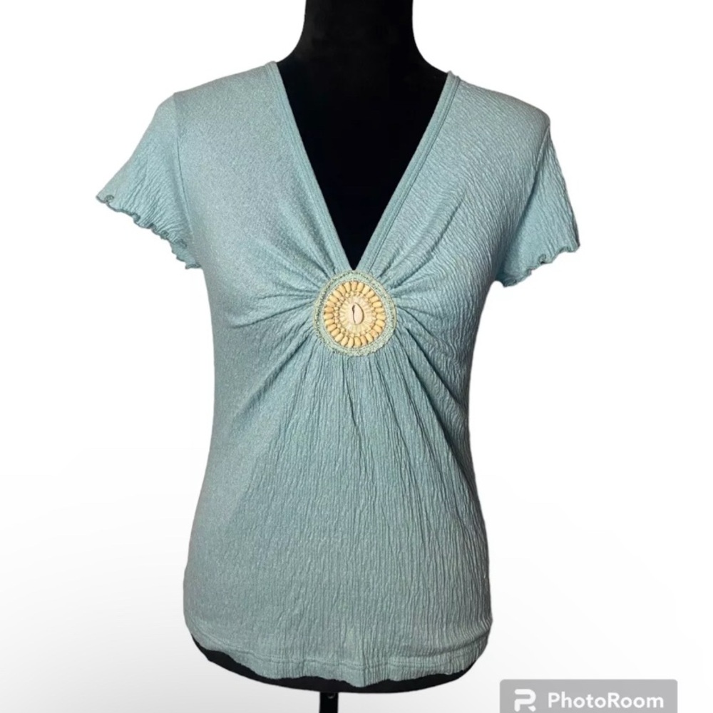 Y2K Mermaid Siren Turquoise Seashell Embellished VNeck Short Sleeve Top Size M